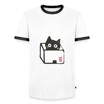 Katze in der Kiste - Linolschnitt Reproduktion - Männer Kontrast-T-Shirt - Weiß/Schwarz - Vorne - AI Model Female 172 light (172cm) & AI Model Male 178 dark (178cm)