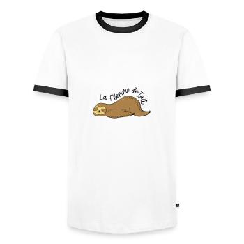 La flemme de tout / paresseux / dormir / fatigue - T-shirt contrasté Homme - blanc/noir - Devant - AI Model Female 172 light (172cm) & AI Model Male 178 dark (178cm)