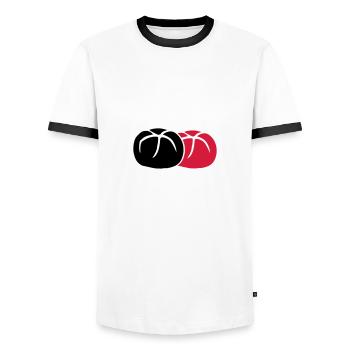 2 brooches 3 colors - Men's Ringer Shirt - white/black - Front - AI Model Female 172 light (172cm) & AI Model Male 178 dark (178cm)