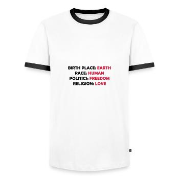 birth race politics religion 2 - Men's Ringer Shirt - white/black - Front - AI Model Female 172 light (172cm) & AI Model Male 178 dark (178cm)