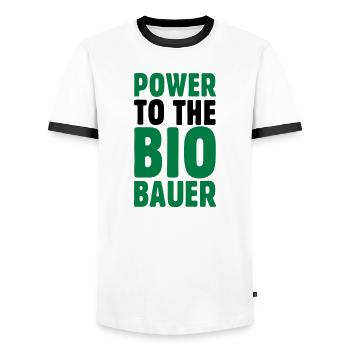 Power to the Biobauer Öko Spruch - Männer Kontrast-T-Shirt - Weiß/Schwarz - Vorne - AI Model Female 172 light (172cm) & AI Model Male 178 dark (178cm)