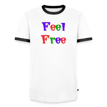 FREE. FREE. HAPPY. FREE. FREEDOM. WELFARE. ZEN. - Men's Ringer Shirt - white/black - Front - AI Model Female 172 light (172cm) & AI Model Male 178 dark (178cm)
