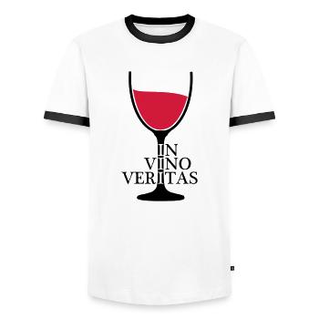 IN VINO VERITAS Wein Weinglas 2c - Männer Kontrast-T-Shirt - Weiß/Schwarz - Vorne - AI Model Female 172 light (172cm) & AI Model Male 178 dark (178cm)