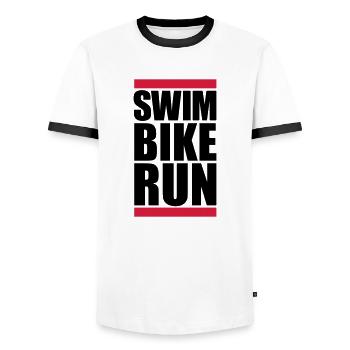 swim bike run text logo triathlon sport marathon a - Men's Ringer Shirt - white/black - Front - AI Model Female 172 light (172cm) & AI Model Male 178 dark (178cm)