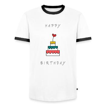 Birthday. HAPPY BIRTHDAY. Happy birthday. - Men's Ringer Shirt - white/black - Front - AI Model Female 172 light (172cm) & AI Model Male 178 dark (178cm)