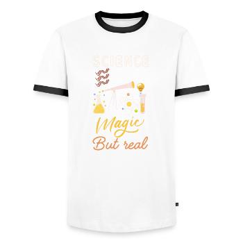 Science it's like magic but real - Men's Ringer Shirt - white/black - Front - AI Model Female 172 light (172cm) & AI Model Male 178 dark (178cm)