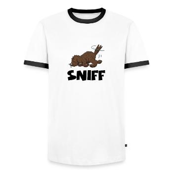 sniff1 2 - Men's Ringer Shirt - white/black - Front - AI Model Female 172 light (172cm) & AI Model Male 178 dark (178cm)