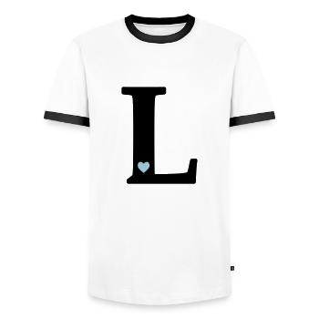 point L Initial letter - Men's Ringer Shirt - white/black - Front - AI Model Female 172 light (172cm) & AI Model Male 178 dark (178cm)