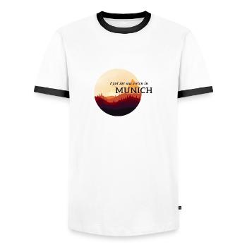 Eaten in Munich -München - Souvenir - Berge - Text - Männer Kontrast-T-Shirt - Weiß/Schwarz - Vorne - AI Model Female 172 light (172cm) & AI Model Male 178 dark (178cm)