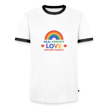 Les parents LGBTQ aiment les arcs-en-ciel inconditionnellement - T-shirt contrasté Homme - blanc/noir - Devant - AI Model Female 172 light (172cm) & AI Model Male 178 dark (178cm)