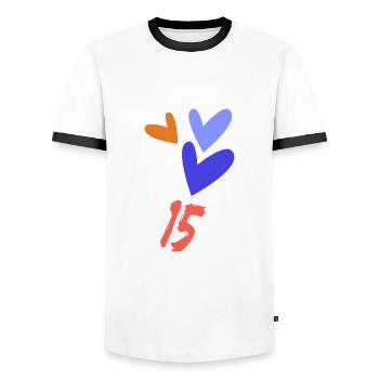 15. 15 JAHRE. 15-jähriges JUBILÄUM. GEBURTSTAG 15 JAHRE. - Männer Kontrast-T-Shirt - Weiß/Schwarz - Vorne - AI Model Female 172 light (172cm) & AI Model Male 178 dark (178cm)