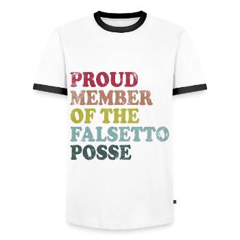 Proud Member of the Falsetto Posse - retro dunkel - Männer Kontrast-T-Shirt - Weiß/Schwarz - Vorne - AI Model Female 172 light (172cm) & AI Model Male 178 dark (178cm)