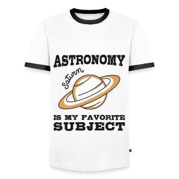 L’astronomie est mon sujet de prédilection, la planète Saturne - T-shirt contrasté Homme - blanc/noir - Devant - AI Model Female 172 light (172cm) & AI Model Male 178 dark (178cm)