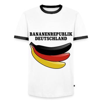Bananenrepublik Deutschland Satire - Männer Kontrast-T-Shirt - Weiß/Schwarz - Vorne - AI Model Female 172 light (172cm) & AI Model Male 178 dark (178cm)