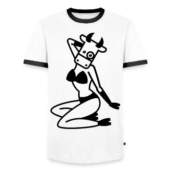 Pin-up vache / vache / Vache /-Vaca /-Vacca /-Koe - T-shirt contrasté Homme - blanc/noir - Devant - AI Model Female 172 light (172cm) & AI Model Male 178 dark (178cm)