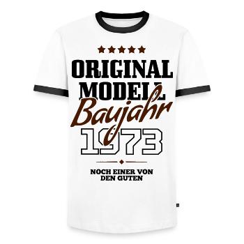 Baujahr 1973 - Männer Kontrast-T-Shirt - Weiß/Schwarz - Vorne - AI Model Female 172 light (172cm) & AI Model Male 178 dark (178cm)