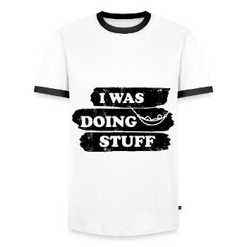 I was doing stuff - Hammock vintage - Men's Ringer Shirt - white/black - Front - AI Model Female 172 light (172cm) & AI Model Male 178 dark (178cm)