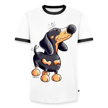 Drôle Dachshund - T-shirt contrasté Homme - blanc/noir - Devant - AI Model Female 172 light (172cm) & AI Model Male 178 dark (178cm)