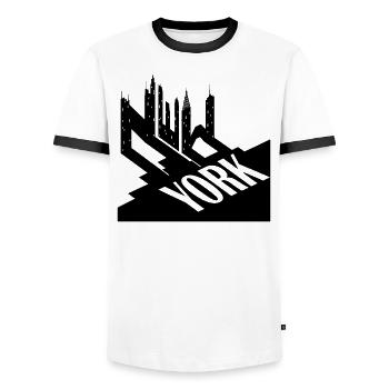 New York City Typographic Design For Big Apple - Men's Ringer Shirt - white/black - Front - AI Model Female 172 light (172cm) & AI Model Male 178 dark (178cm)