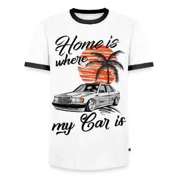 home is where my car is W201 190E - Men's Ringer Shirt - white/black - Front - AI Model Female 172 light (172cm) & AI Model Male 178 dark (178cm)