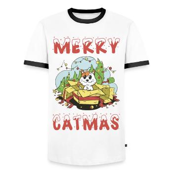 Merry Catmas Cat Christmas Christmas Tree Cartoon - Men's Ringer Shirt - white/black - Front - AI Model Female 172 light (172cm) & AI Model Male 178 dark (178cm)