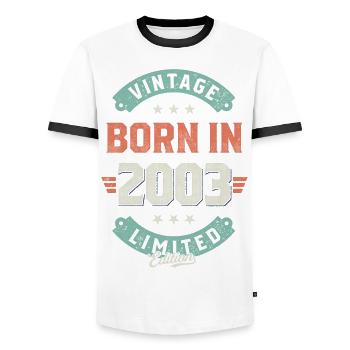 Vintage born in 2003 - Men's Ringer Shirt - white/black - Front - AI Model Female 172 light (172cm) & AI Model Male 178 dark (178cm)