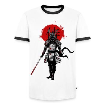 Samurai on a red background - Men's Ringer Shirt - white/black - Front - AI Model Female 172 light (172cm) & AI Model Male 178 dark (178cm)