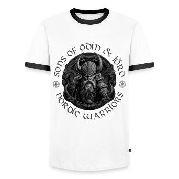 SONS OF ODIN & JÖRD – NORDIC WARRIORS - Männer Kontrast-T-Shirt - Weiß/Schwarz - Vorne - AI Model Female 172 light (172cm) & AI Model Male 178 dark (178cm)