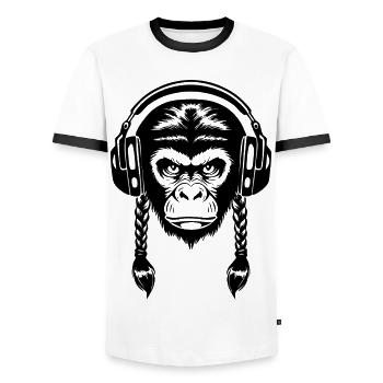 Electro Monkey Head Synth Wave Edition Shirt - Men's Ringer Shirt - white/black - Front - AI Model Female 172 light (172cm) & AI Model Male 178 dark (178cm)