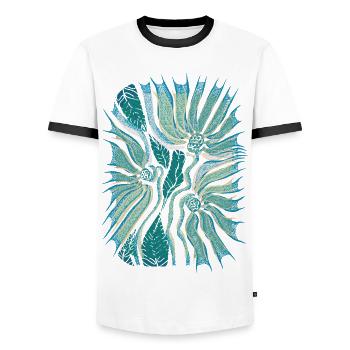 Tropical Abstract Bloom in Teal - Men's Ringer Shirt - white/black - Front - AI Model Female 172 light (172cm) & AI Model Male 178 dark (178cm)