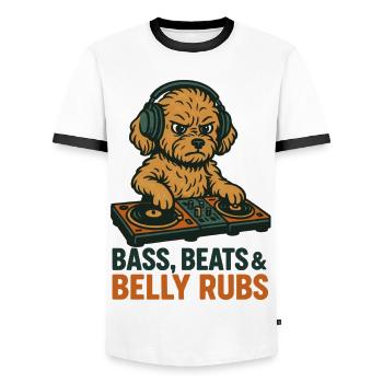 DJ Maltipoo : Basse, Beats & Belly Flats Design rétro - T-shirt contrasté Homme - blanc/noir - Devant - AI Model Female 172 light (172cm) & AI Model Male 178 dark (178cm)