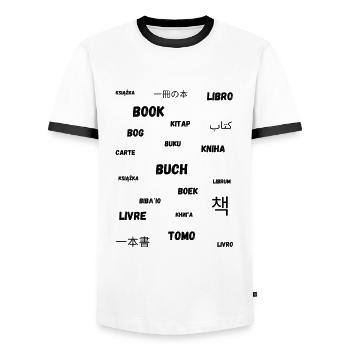 Book in different languages - Men's Ringer Shirt - white/black - Front - AI Model Female 172 light (172cm) & AI Model Male 178 dark (178cm)