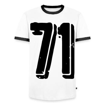 71 Zahl Trikot - Männer Kontrast-T-Shirt - Weiß/Schwarz - Vorne - AI Model Female 172 light (172cm) & AI Model Male 178 dark (178cm)