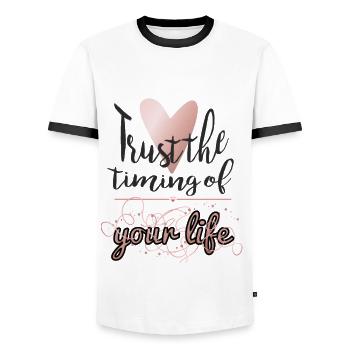 Trust the timing of your life - Männer Kontrast-T-Shirt - Weiß/Schwarz - Vorne - AI Model Female 172 light (172cm) & AI Model Male 178 dark (178cm)