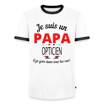 Papa OPTICIEN - T-shirt contrasté Homme - blanc/noir - Devant - AI Model Female 172 light (172cm) & AI Model Male 178 dark (178cm)