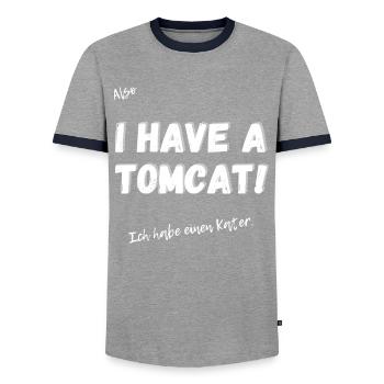 Englisches Sprichwort: I have a tomcat. - Männer Kontrast-T-Shirt - Grau/Navy  - Vorne - AI Model Female 172 light (172cm) & AI Model Male 178 light (178cm)