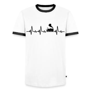 Model Railway Heartbeat Railway Locomotive - Men's Ringer Shirt - white/black - Front - AI Model Female 172 light (172cm) & AI Model Male 178 dark (178cm)