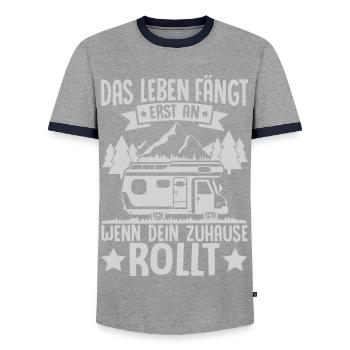 DAS LEBEN FÄNGT ERST AN, WENN DEIN ZUHAUSE ROLLT - Männer Kontrast-T-Shirt - Grau/Navy  - Vorne - AI Model Female 172 light (172cm) & AI Model Male 178 light (178cm)