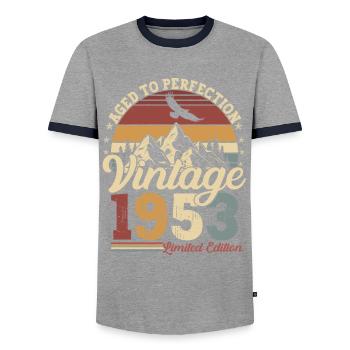 1953 Born vintage 70 birthday - Men's Ringer Shirt - grey/navy  - Front - AI Model Female 172 light (172cm) & AI Model Male 178 light (178cm)