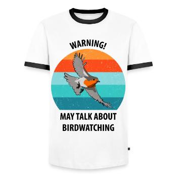 Observation des oiseaux Observation des oiseaux Observation des oiseaux - T-shirt contrasté Homme - blanc/noir - Devant - AI Model Female 172 light (172cm) & AI Model Male 178 dark (178cm)