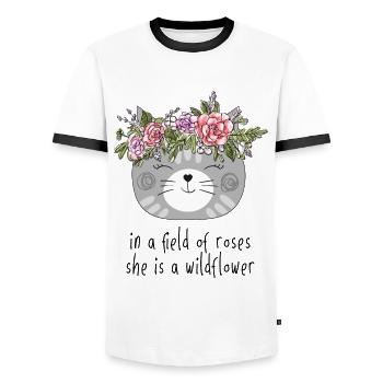 Cute cat with flower crown - wild roses, kitten - Men's Ringer Shirt - white/black - Front - AI Model Female 172 light (172cm) & AI Model Male 178 dark (178cm)