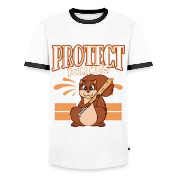 Protect your nuts - Men's Ringer Shirt - white/black - Front - AI Model Female 172 light (172cm) & AI Model Male 178 dark (178cm)