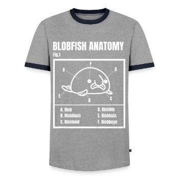 Blobby the Blobfish - Official Blobatomy - Funny - Men's Ringer Shirt - grey/navy  - Front - AI Model Female 172 light (172cm) & AI Model Male 178 light (178cm)