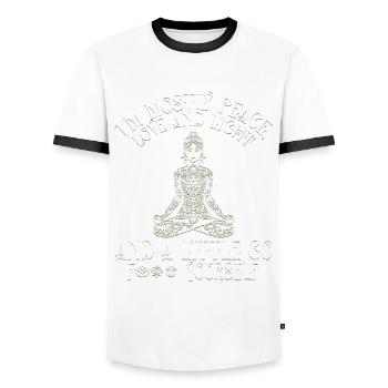 I Am Mostly Peace Love And Light - Men's Ringer Shirt - white/black - Front - AI Model Female 172 light (172cm) & AI Model Male 178 dark (178cm)