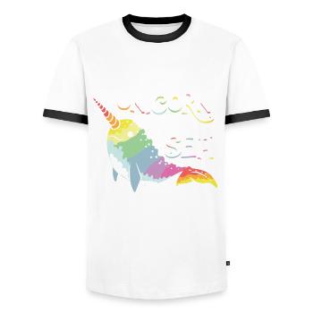 Narwhal - Unicorns of the Sea - Beach Summer Art - Men's Ringer Shirt - white/black - Front - AI Model Female 172 light (172cm) & AI Model Male 178 dark (178cm)