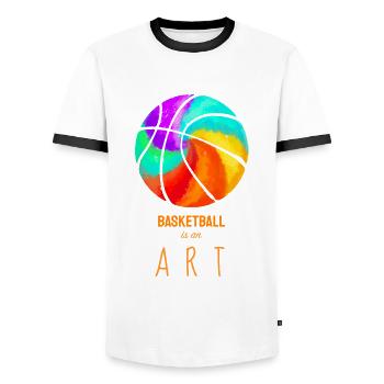 Basketball - This is an Art - Court Varsity Art - Men's Ringer Shirt - white/black - Front - AI Model Female 172 light (172cm) & AI Model Male 178 dark (178cm)