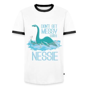 Nessie - Don't Get Messie With Nessie - Scotland - Männer Kontrast-T-Shirt - Weiß/Schwarz - Vorne - AI Model Female 172 light (172cm) & AI Model Male 178 dark (178cm)