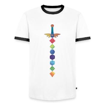 Polyhedral Dice Sword Fantasy Role-Playing Game - Men's Ringer Shirt - white/black - Front - AI Model Female 172 light (172cm) & AI Model Male 178 dark (178cm)