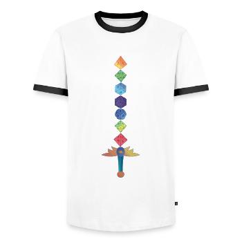 Polyhedral Dice Sword Fantasy Role-Playing Game - Men's Ringer Shirt - white/black - Front - AI Model Female 172 light (172cm) & AI Model Male 178 dark (178cm)