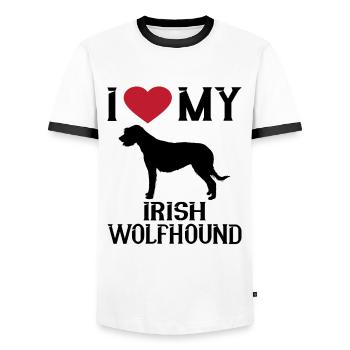 J’aime Mon chien-loup irlandais - T-shirt contrasté Homme - blanc/noir - Devant - AI Model Female 172 light (172cm) & AI Model Male 178 dark (178cm)